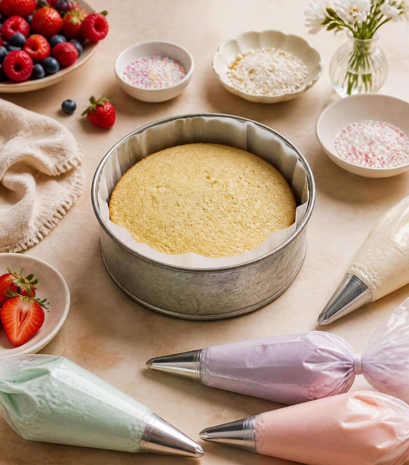 A small ready-to-decorate cake in a tin surrounded by pastel buttercream piping bags, sprinkles and fresh berries