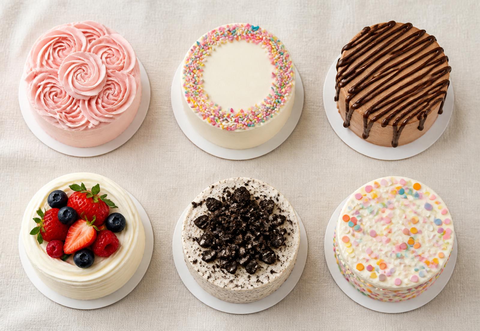 Six mini cakes decorated in different styles: rosette swirl, sprinkle rim, chocolate drizzle, fresh berry, Oreo crumble and confetti